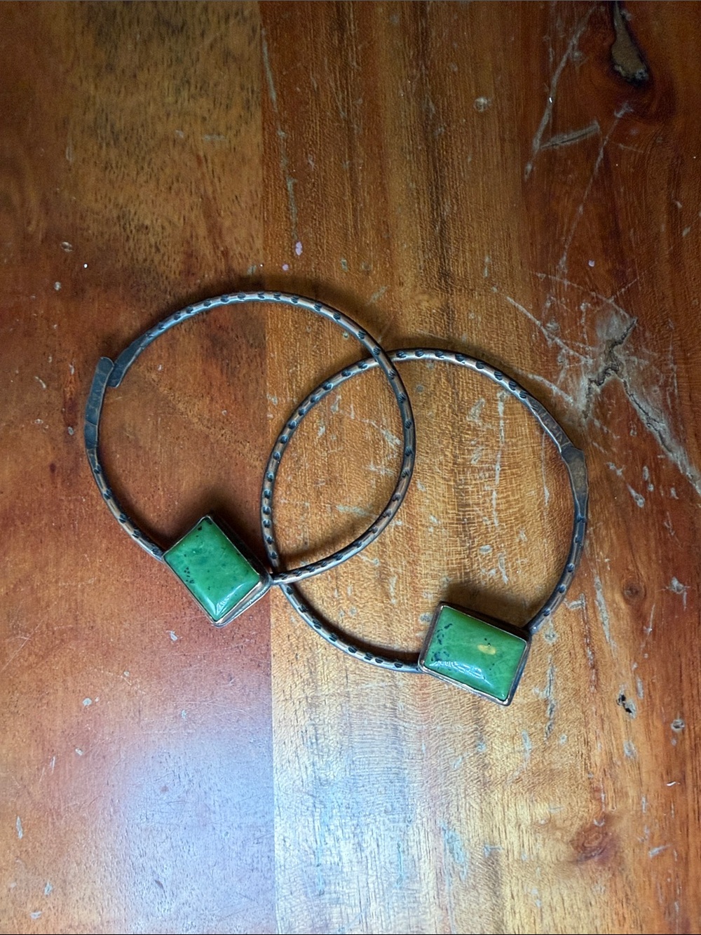 Copper Hoop Earrings with Green jade Stone 10 gauge earweights hangers
